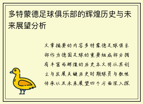 多特蒙德足球俱乐部的辉煌历史与未来展望分析