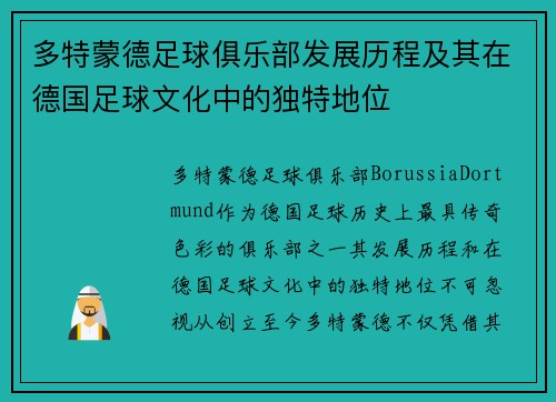 多特蒙德足球俱乐部发展历程及其在德国足球文化中的独特地位