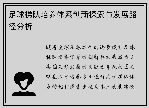 足球梯队培养体系创新探索与发展路径分析