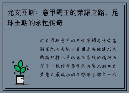 尤文图斯：意甲霸主的荣耀之路，足球王朝的永恒传奇