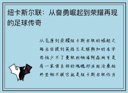 纽卡斯尔联：从奋勇崛起到荣耀再现的足球传奇
